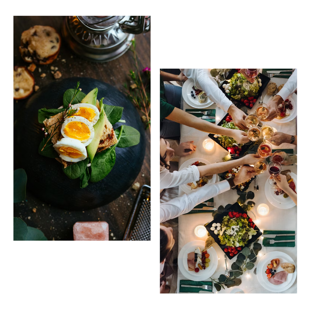 A plate of food, people toasting to better meal